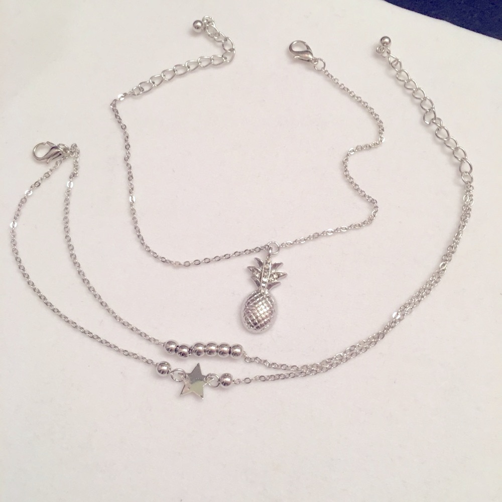 Set of Two silvertone 8”  Ankle Bracelets. Star, beads and pineapple.  New. - Picture 2 of 4